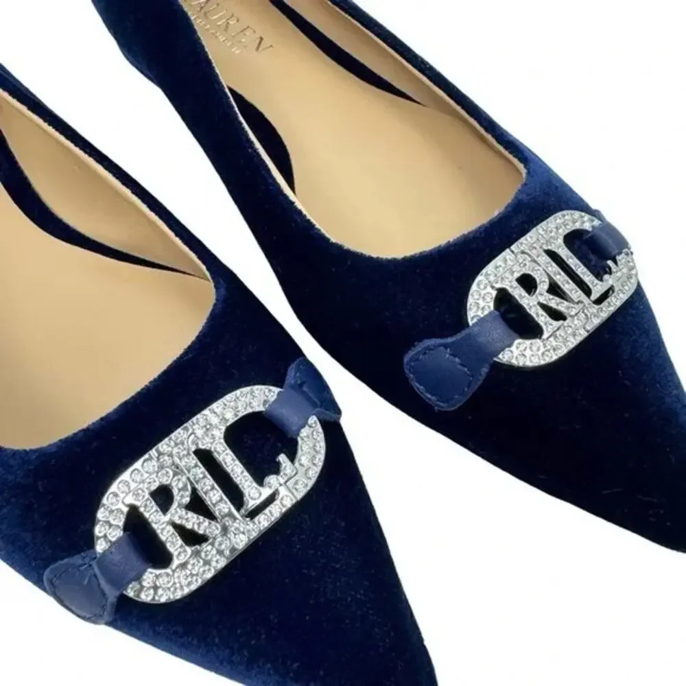 NEW Lauren Ralph Lauren | Lilah Navy Blue Velvet Crystal Logo Pointed Toe Flat